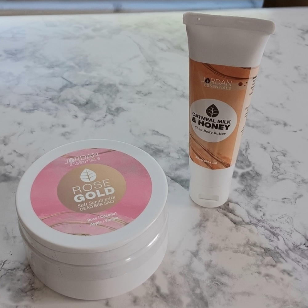 Jordan Essentials Rose Gold Salt Scrub and Oatmeal Milk & Honey Body Butter